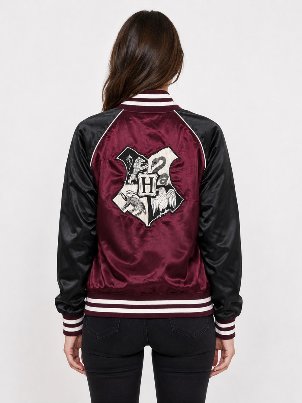 Harry Potter Hogwarts Satin Purple and Black Varsity Jacket Size L - Picture 4 of 8
